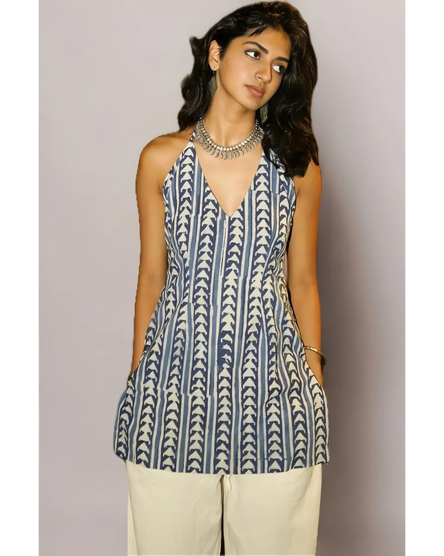 NISHORAMA Dabu Hand Block Printed Halter Neck Corset Kurti, Traditional Indigo Print, Lace-up Back Design