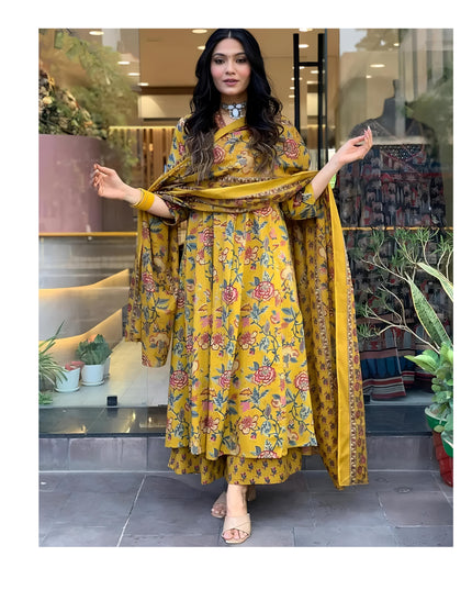 GoSriKi Women's Rayon Viscose Anarkali Printed Kurta with Palazzo & Dupatta