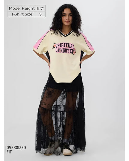 The Souled Store Spiritual Gangster Women and Girls Short Sleeves V Neck Off White and Pink Graphic Printed Cotton Oversized T-Shirts