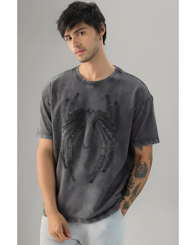 The Souled Store Official Spider-Man: Midnight Men and Boys Short Sleeve Round Neck Grey Textured Cotton Oversized T-Shirts