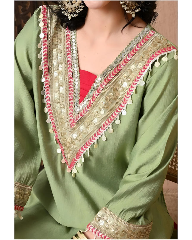 HOUSE OF FUSION Women’s Elegant Cotton Blue Embroidered Co-Ord Set | Stylish Lace-Trimmed Kurta & Pant Set | Soft & Breathable Fabric |