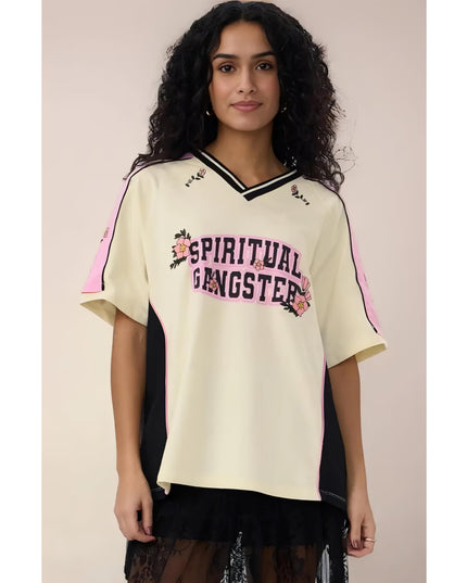 The Souled Store Spiritual Gangster Women and Girls Short Sleeves V Neck Off White and Pink Graphic Printed Cotton Oversized T-Shirts