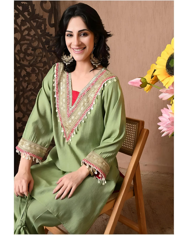 HOUSE OF FUSION Women’s Elegant Cotton Blue Embroidered Co-Ord Set | Stylish Lace-Trimmed Kurta & Pant Set | Soft & Breathable Fabric |