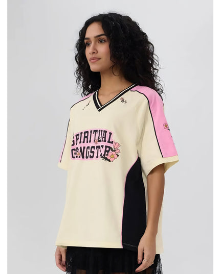 The Souled Store Spiritual Gangster Women and Girls Short Sleeves V Neck Off White and Pink Graphic Printed Cotton Oversized T-Shirts