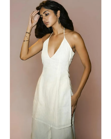 NISHORAMA Chikankari White Cotton Halter Kurti for Women, V-Neck, Backless with Corset and Side Zipper