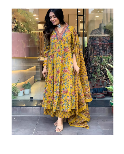 GoSriKi Women's Rayon Viscose Anarkali Printed Kurta with Palazzo & Dupatta