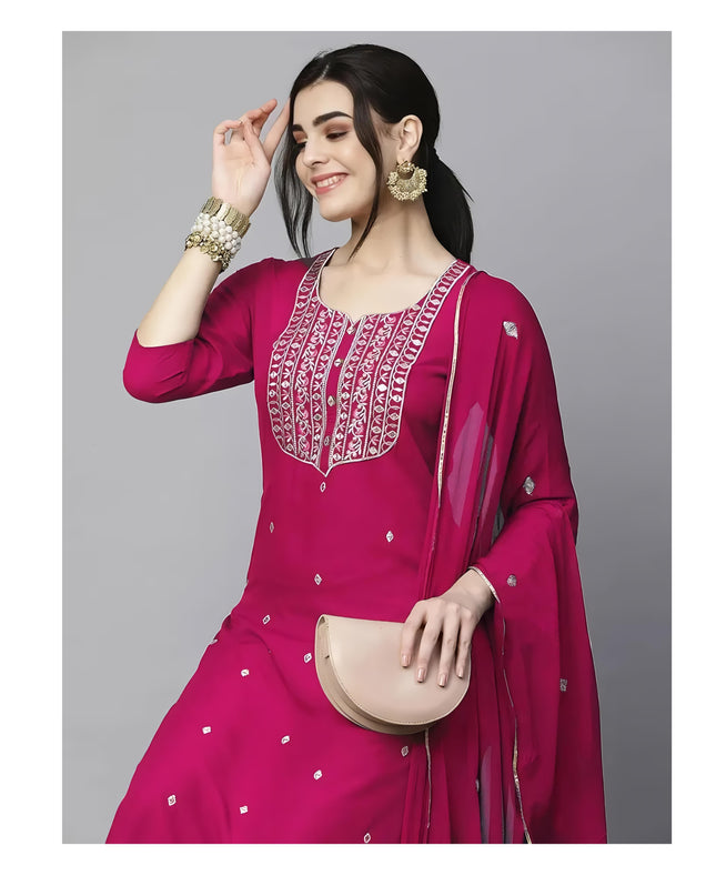 GoSriKi Women's Cotton Blend Embroidered Straight Kurta with Pant & Dupatta