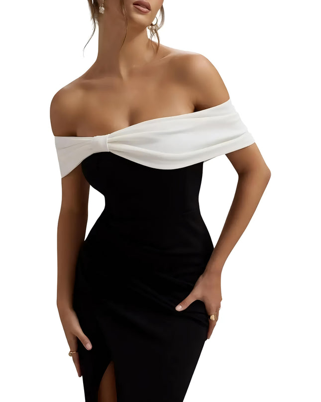 Clafoutis Off Shoulder Aline Black and Wine Dress