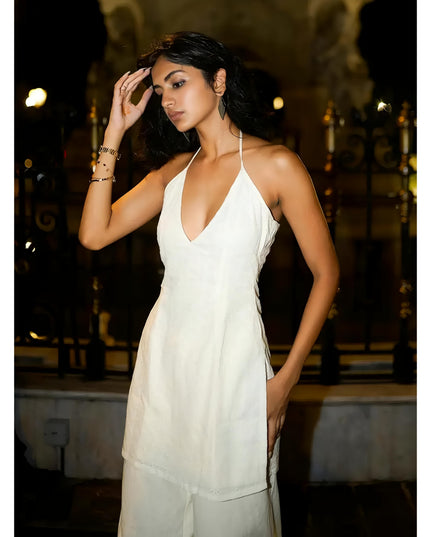 NISHORAMA Chikankari White Cotton Halter Kurti for Women, V-Neck, Backless with Corset and Side Zipper