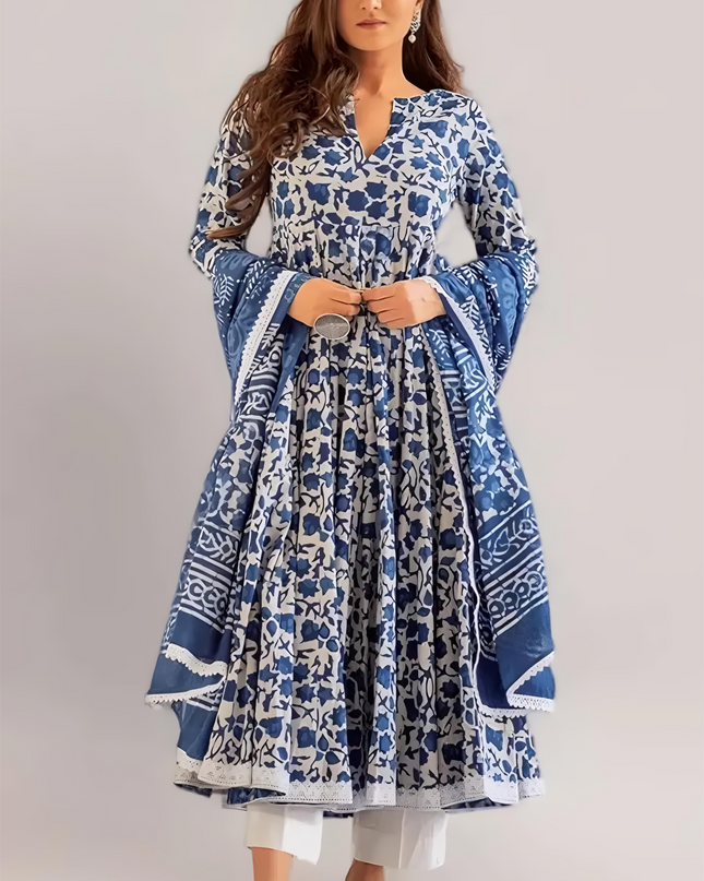 MEERA FAB Women's Cotton Printed Anarkali Kurta with Palazzo & Dupatta Set