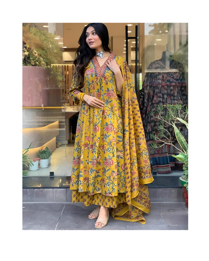 GoSriKi Women's Rayon Viscose Anarkali Printed Kurta with Palazzo & Dupatta