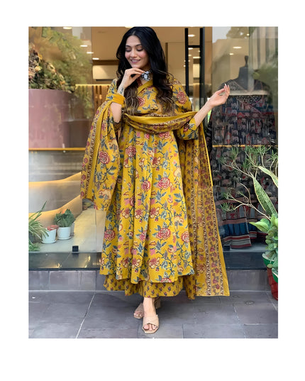 GoSriKi Women's Rayon Viscose Anarkali Printed Kurta with Palazzo & Dupatta