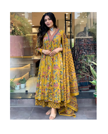 GoSriKi Women's Rayon Viscose Anarkali Printed Kurta with Palazzo & Dupatta