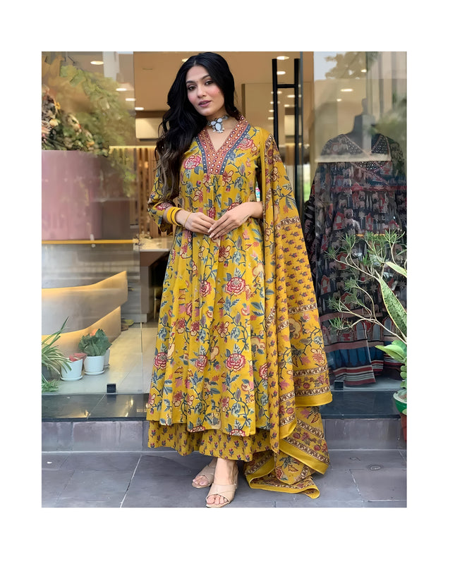 GoSriKi Women's Rayon Viscose Anarkali Printed Kurta with Palazzo & Dupatta