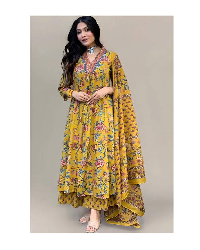 GoSriKi Women's Rayon Viscose Anarkali Printed Kurta with Palazzo & Dupatta