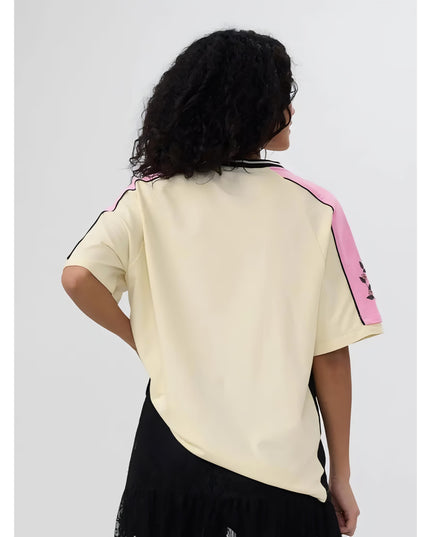 The Souled Store Spiritual Gangster Women and Girls Short Sleeves V Neck Off White and Pink Graphic Printed Cotton Oversized T-Shirts