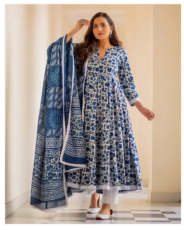 MEERA FAB Women's Cotton Printed Anarkali Kurta with Palazzo & Dupatta Set